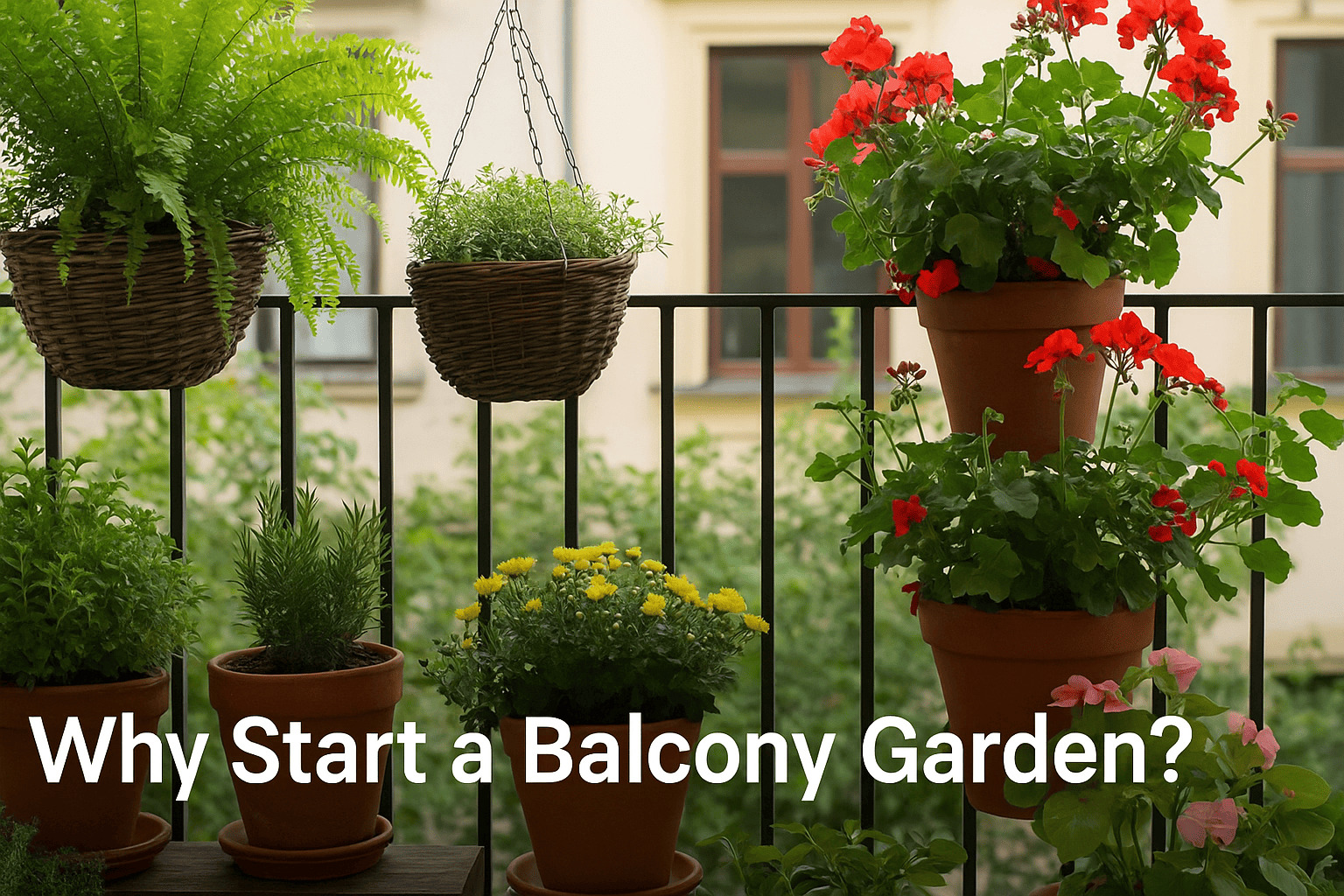 Why Start a Balcony Garden? – Urban Plant balcony garden inspiration featuring herbs, flowers, and hanging baskets on a small apartment railing